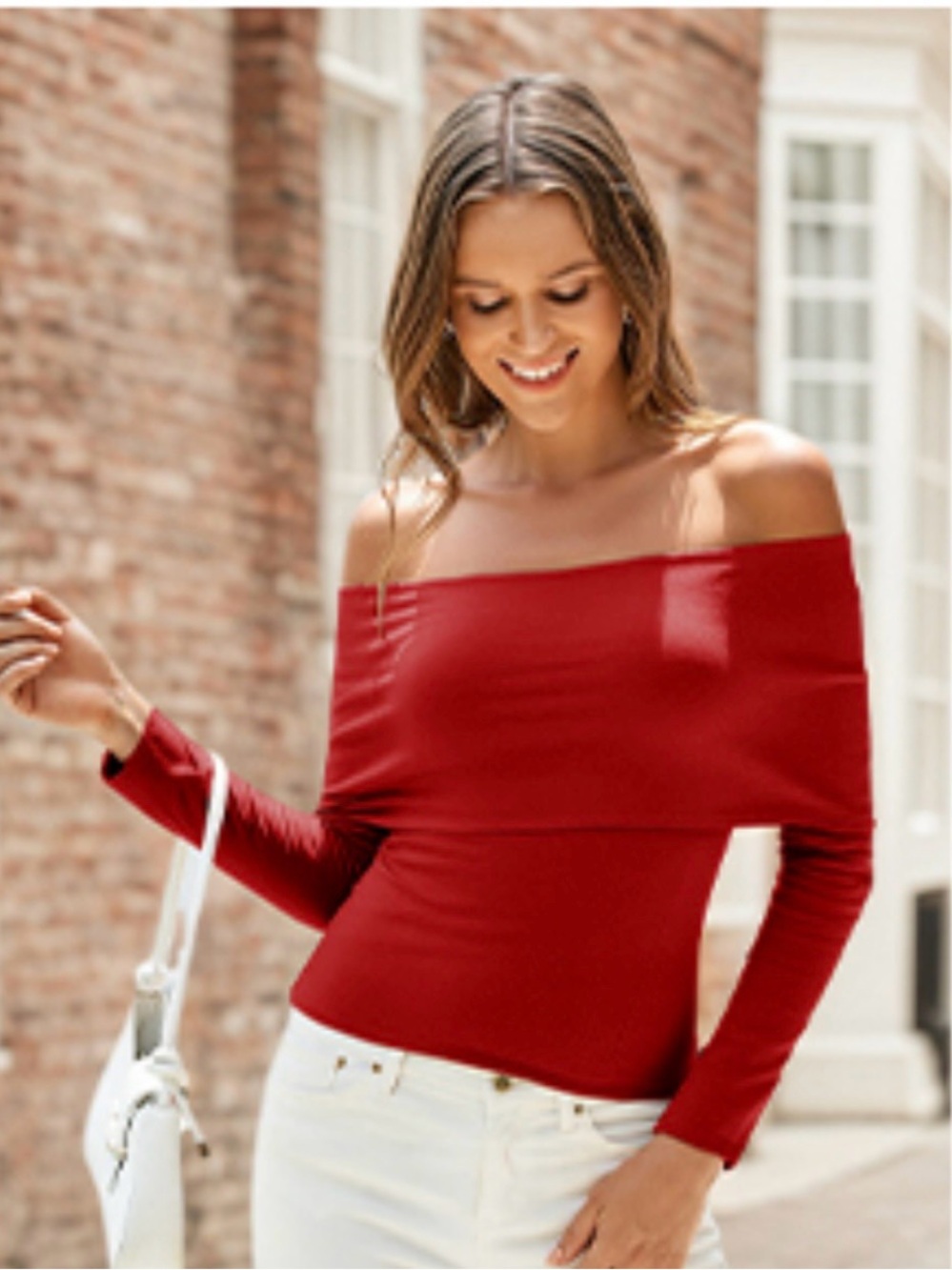 Off-Shoulder Long Sleeve light Sweater - Red